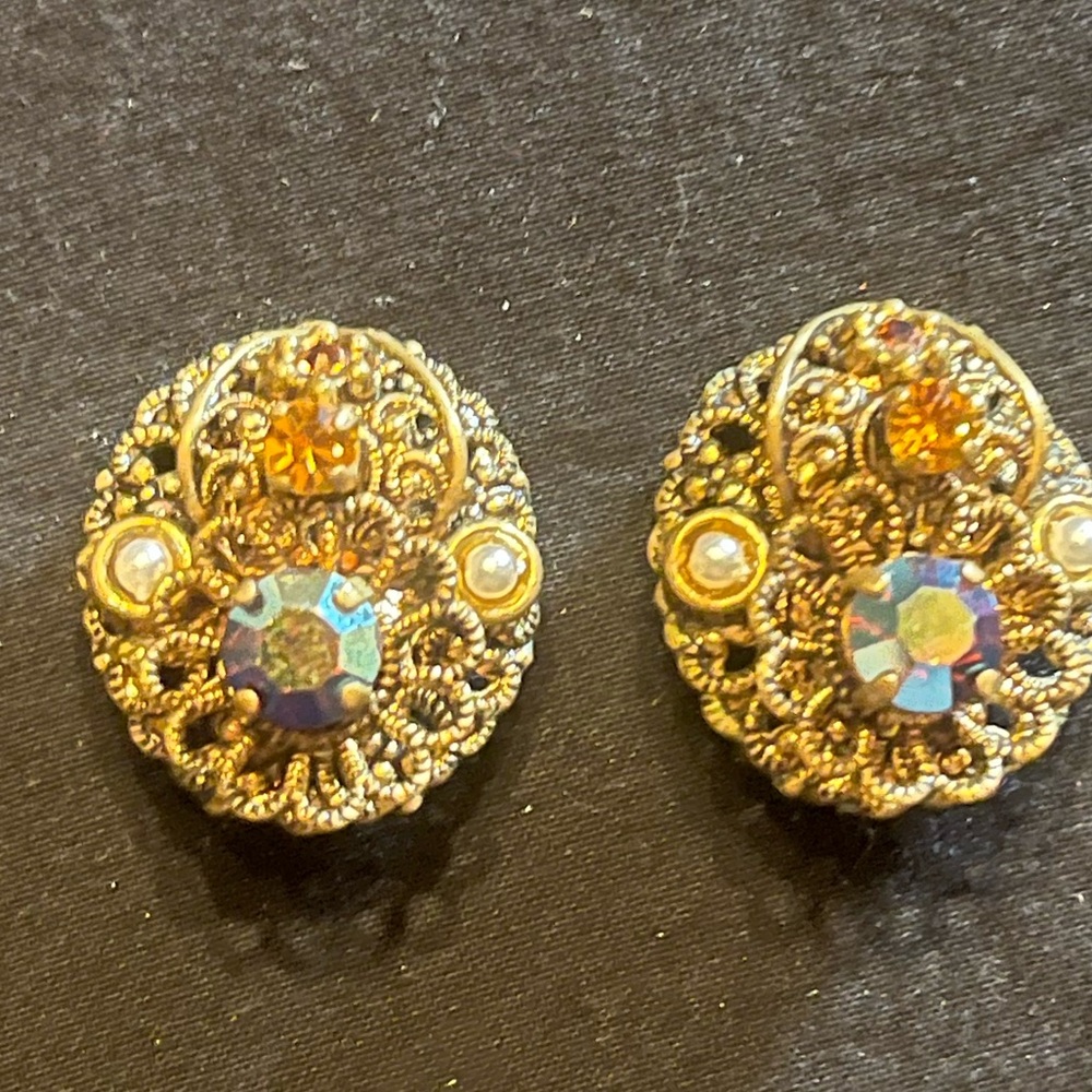 Vintage Gold Tone Ornate Clip Earrings with Rhinestones West Germany